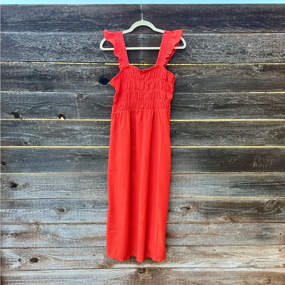 NWOT Smocked Old Navy Women’s Dress Sz M in Vibrant Orange/Red, Ruffled Sleeves